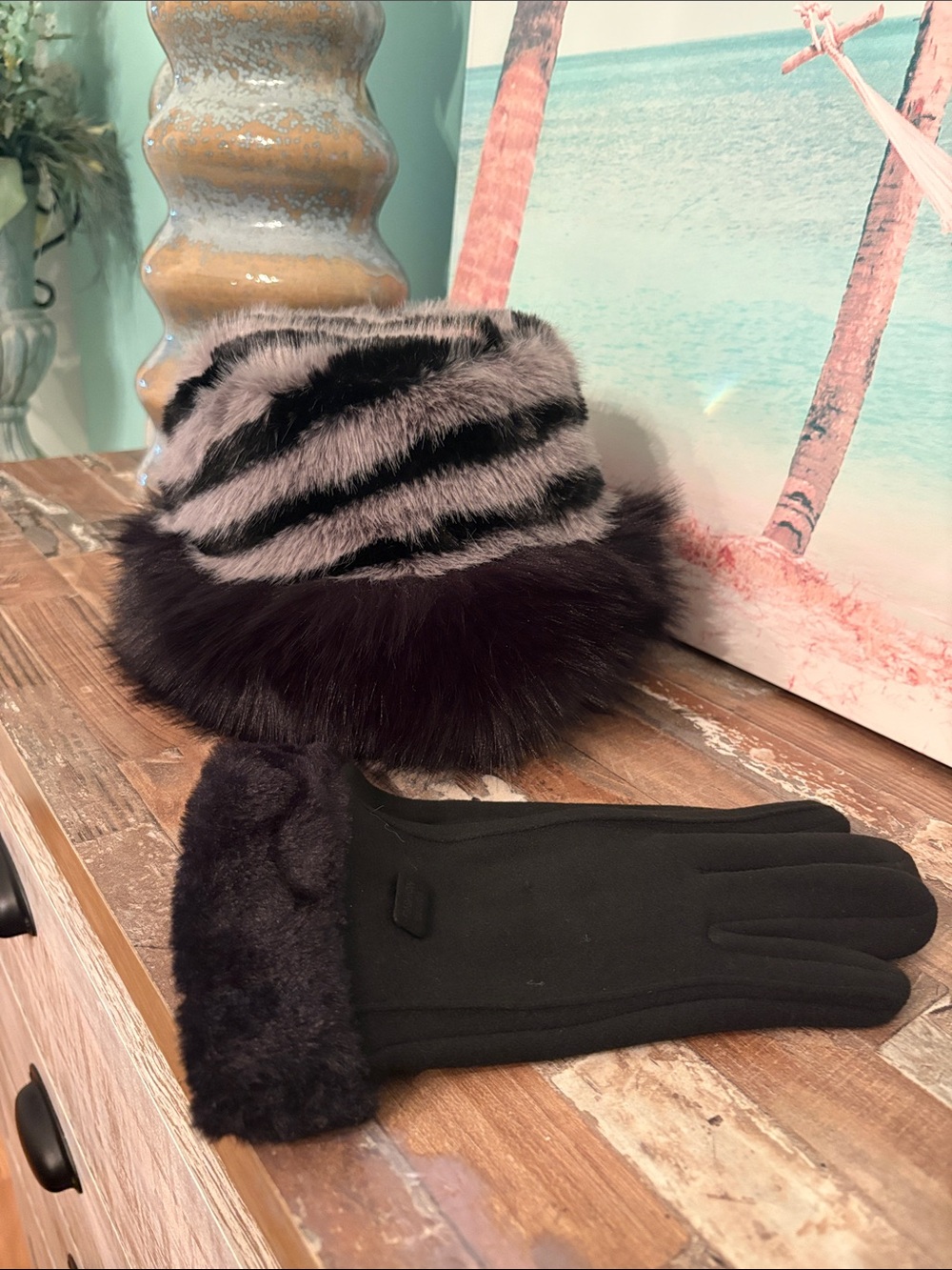 NWT Black and Gray Faux Fur Pom Bucket Hat with Black Faux Fur Cuff Gloves
